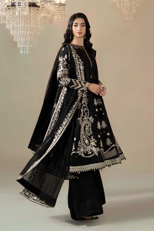 Maria B Embroidered Black Raw Silk Kameez Pant Dupatta 3 Pc Dress Siz Medium NWT