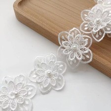 3Yards White Flower Lace Pearl Trim,Embroidered Sewing Lace Applique for DIY Sew
