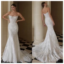 Exquisite White Lace Mermaid Strapless Wedding Dresses Elegant Zipper Back