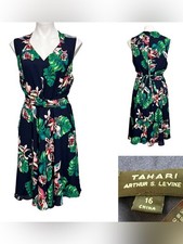 Tahari ASL midi dress 16 Navy Blue Floral V-Neck Sleeveless tie-wait office fall