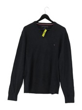 Tommy Hilfiger Men's Jumper XL Grey Cotton with Cashmere V-Neck Pullover