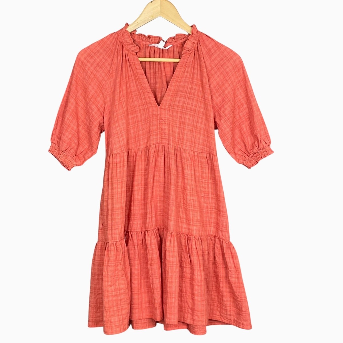 bb dakota orange dress BB Dakota Revolve Coral Tiered Babydoll Mini Dress Sz XS Puff Sleeve Gauzy  Boho