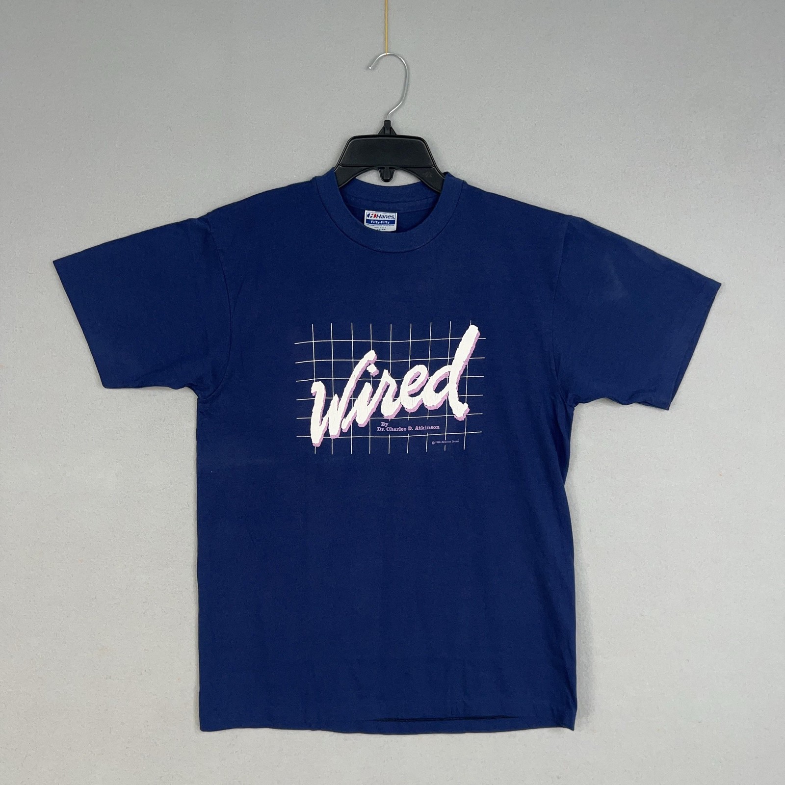 Vintage Wired Shirt Mens Large Blue Hanes USA Single Stitch Graphic Dentist 80s