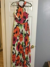 ELIZA J Maxi Dress Floral Print Watercolor Pleated Halter Smocked Chiffon Size 6