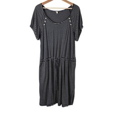 J. Crew Dress Navy White Striped Women L Drawstring Waist Rayon Linen Knit