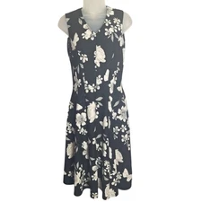 Elle Womens A Line Dress Sleeveless Floral Flowy Black White Midi XS
