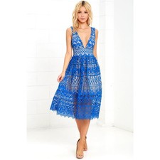 Lulus Absolutely Fabulous Beige  Blue Lace Midi Dress Cocktail M Wedding Guest 