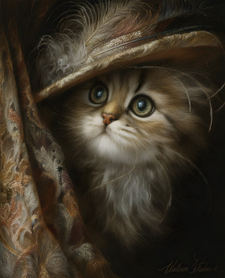 8x10 Cat with Hat and Feather on Its Head Art Print - 263313969