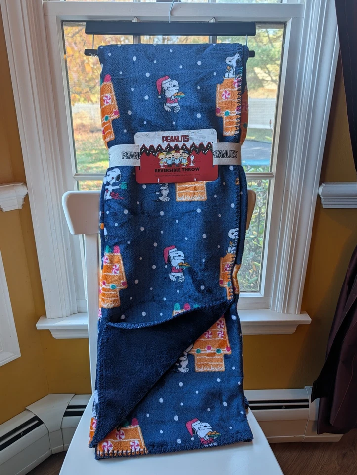 Snoopy Peanuts Doghouse Christmas Candy Cookies Reversible 50 x 70" Blue Blanket - Image 2 of 4