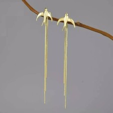 Swallow Bird Tassle Dangle Drop Stud Earrings Sand Finish 925 Sterling Silver