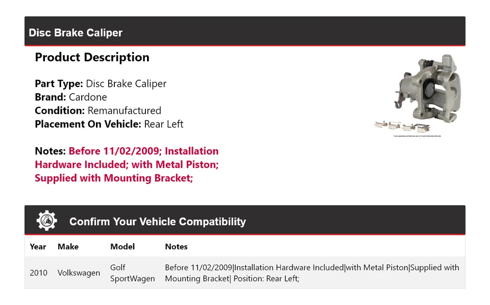 For 2010 Volkswagen Golf SportWagen Disc Brake Caliper Rear Left Cardone - Image 2 of 4