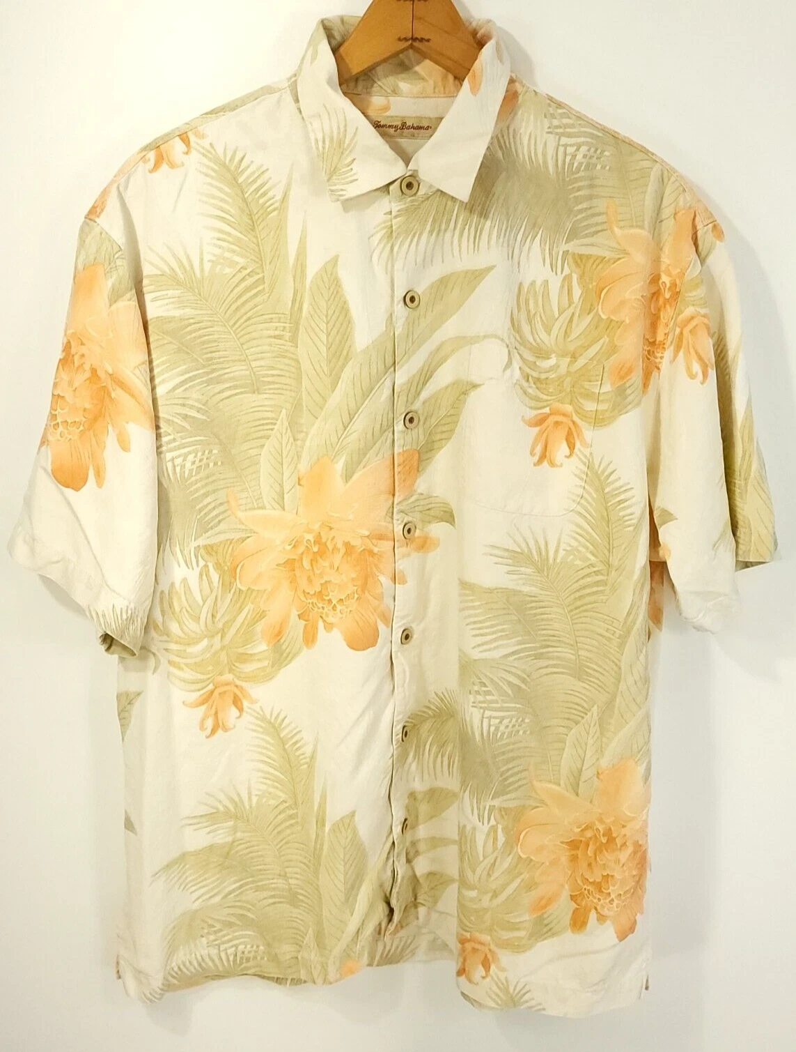 Tommy Bahama Button Front Hawaiian Shirt Men's XL Cream Orange Silk Floral Print