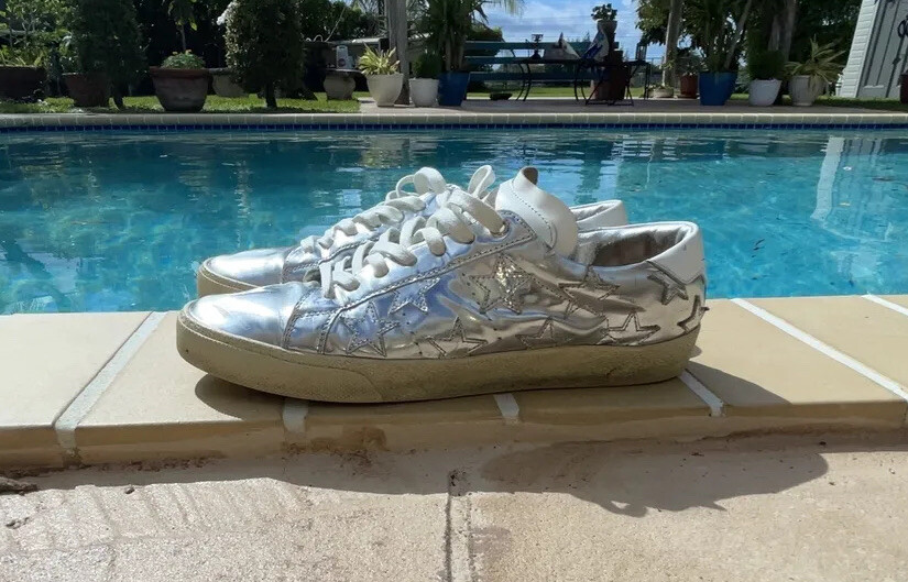 SNEAKER BASSA CASUAL SAINT LAURENT YSL ARGENTO PELLE STELLE STRINGATE taglia 40 5M