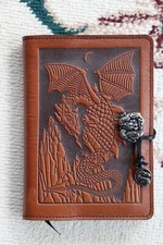 Oberon Design Leather Small Journal Cover- DRAGON'S ROOST in SADDLE