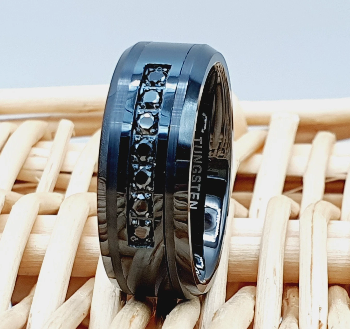 Black Tungsten Carbide Wedding Band with 7 Black CZs Comfort Fit Engagement Ring