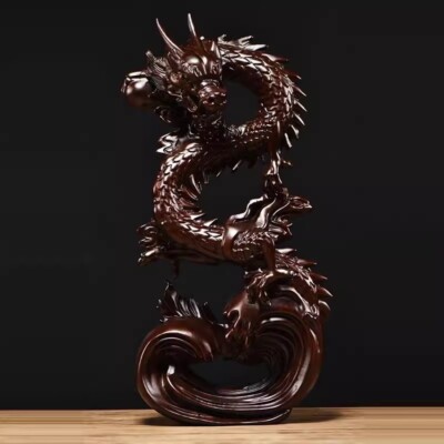 8'' Ebony Wood Carved Dragon Statue Chinese Mythical Beast Feng Shui Home Collect