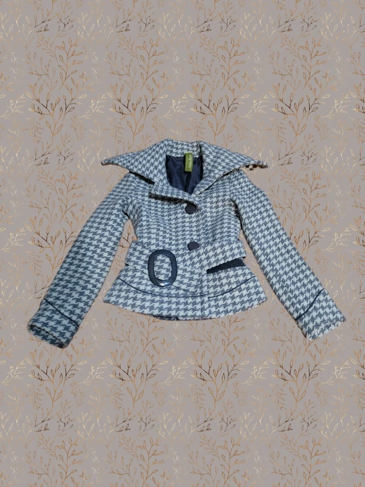 Chaqueta Abrigo Mujer Soia & Kyo Tweed Cuadros Gris y Crema Perros Dientes Lana Cinturón  Foto 3 de 4