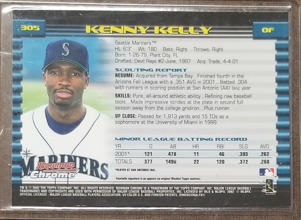 激レア　MARINERS 2002年 サイン入りバット　数量限定　値下げ不可 2002 Bowman Chrome #305 Kenny Kelly Seattle Mariners Baseball Card