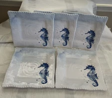 Set 5 Secret Celebrity Blue White Seahorse Square Melamine Dinner Plates 10.75”