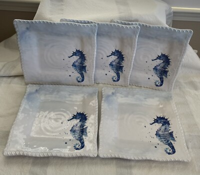 Set 5 Secret Celebrity Blue White Seahorse Square Melamine Dinner Plates 10.75 