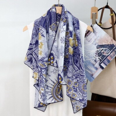Mulberry Silk Crepe Wrap Scarf Shawl Tree Flowers Print Hand Rolled Scarf 43''