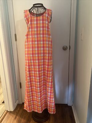 Tantrums M pink orange plaid long summer sleeveless dress
