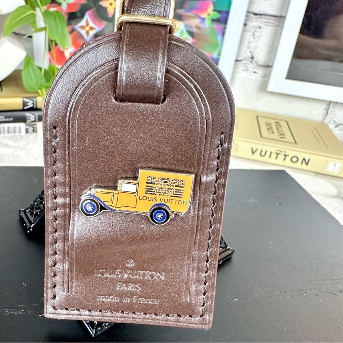 Louis Vuitton brown large size leather luggage name tag bag charm