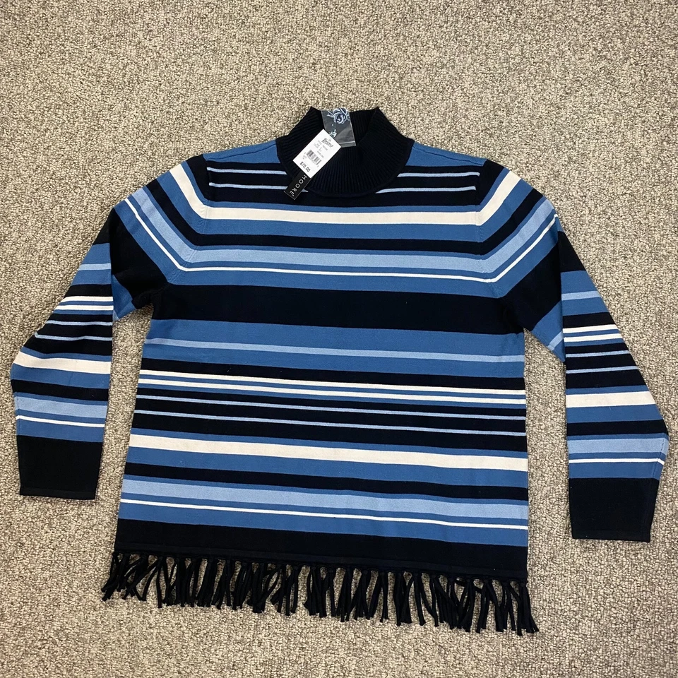 Suéter Preswick & Moore Mujer Grande Azul Rayas Cuello Simulado Borlas Pullover Foto 2 de 4