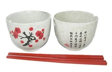 Pair of Cherry Blossom and Poem Ramen Noodle Soup Bowls w/ Chopsticks