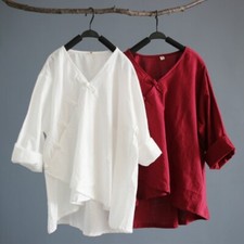 Damen Lose Baumwolle Top Hemd Chinesisch Retro Einfarbig V Hals Kung Fu Bluse