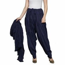 Women Cotton Traditional Patiala Salwar Free Size Set Chiffon Dupatta Navy Blue