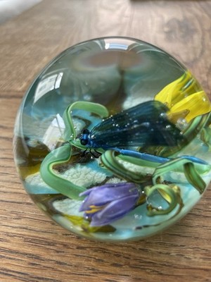 Briefbeschwerer von Stefan Bracht, Glas mit Libellen & Blumenmotiv, Unikat