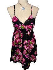 Y2K Babydoll Black Floral Maxi Dress Women M Lace Trim Fairycore Whimsigoth