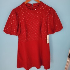 NWT Eliza J Fit & Flare Dress Womens14 Wine Red Rhinestone Puff Sleeve cocktail