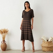 Striped Dress Brown Grey Midi Shift Cotton Short Sleeve NATURALLY L