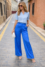 ZARA Blue Satin Jacquard Wide Leg Pants XS Hi- Waist Leopard Print Statement