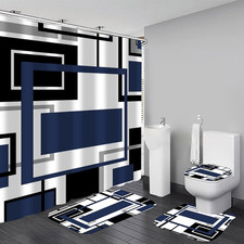 4 Pcs Blue Geometric Shower Curtain Sets with Rugs Blue Bathroom Sets with Showe