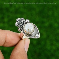 Sterling Silver Rainbow Moonstone Stone Wedding Promise Flower Boho Ring Jewelry