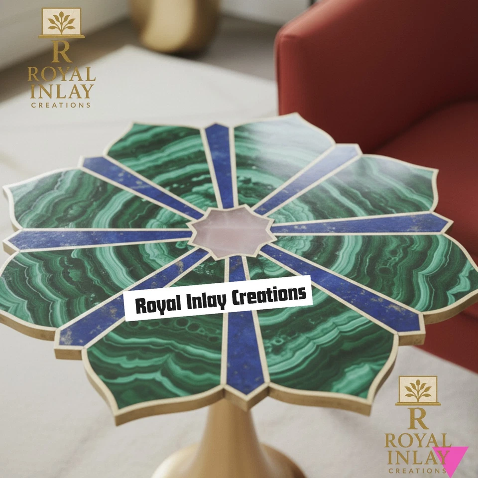 Regal Malachite , Lapis And Quartz Lotus Accent Brass TableTop w/o Stand - Image 2 of 4