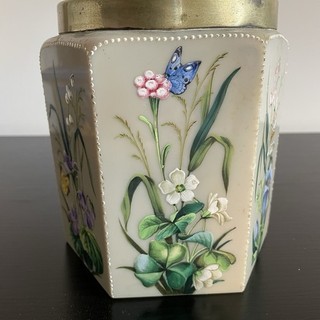 Antique Opaline Glass Biscuit Barrel Enamel Flowers Butterflies C1880 Victorian