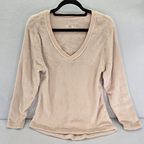UGG Daisy Plush Fleece V Neck Sweatshirt Loungewear Long Sleeve Beige Wms L - Picture 1 of 13