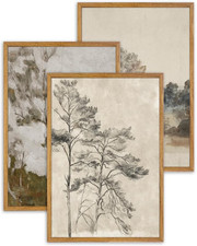 Large Framed Wall Art, Set of 3 Vintage Muted Landscape Prints, 16X24 in Natural