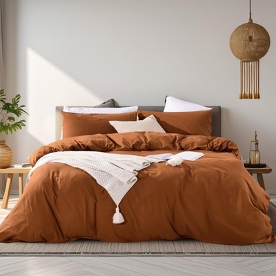 Terracotta Burnt Orange Duvet Cover Set King Size Linen Textured Organic Natu...