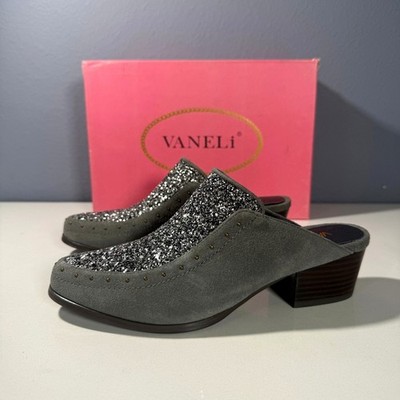 Vaneli Bary Taupe Suede Glitter Studded Block Heel Mules Shoes Womens 6.5 M