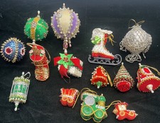 Vintage 14 Christmas Beaded Push Pin Ornaments Handmade Sequins MCM Balls Skate