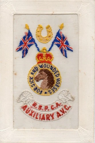 RSPCA: AUXILIARY AVC: SICK/WOUNDED HORSES WW1 MILITARY EMBROIDERED SILK POSTCARD