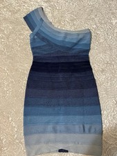 Hervé Léger One Shoulder Ombré Blue Bandage Dress Size M Bodycon Authentic