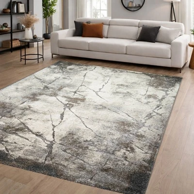 Tapis moderne crème gris design marbre doux salon élégant - Photo 1/4