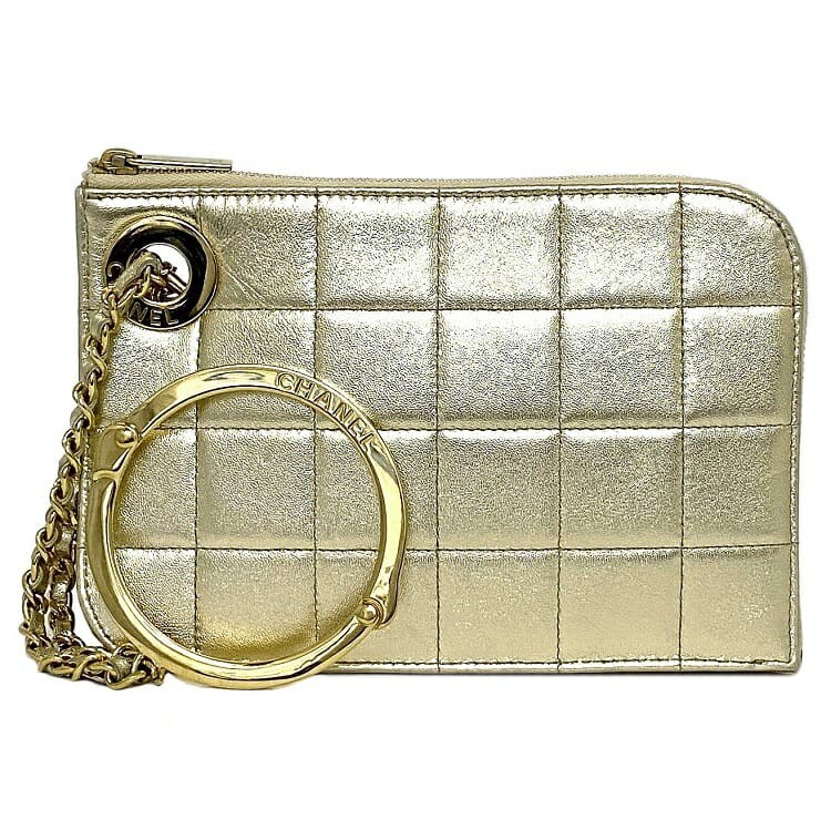 CHANEL gold chocolate bar clutch bag lambskin leather excellent pre-owned condition