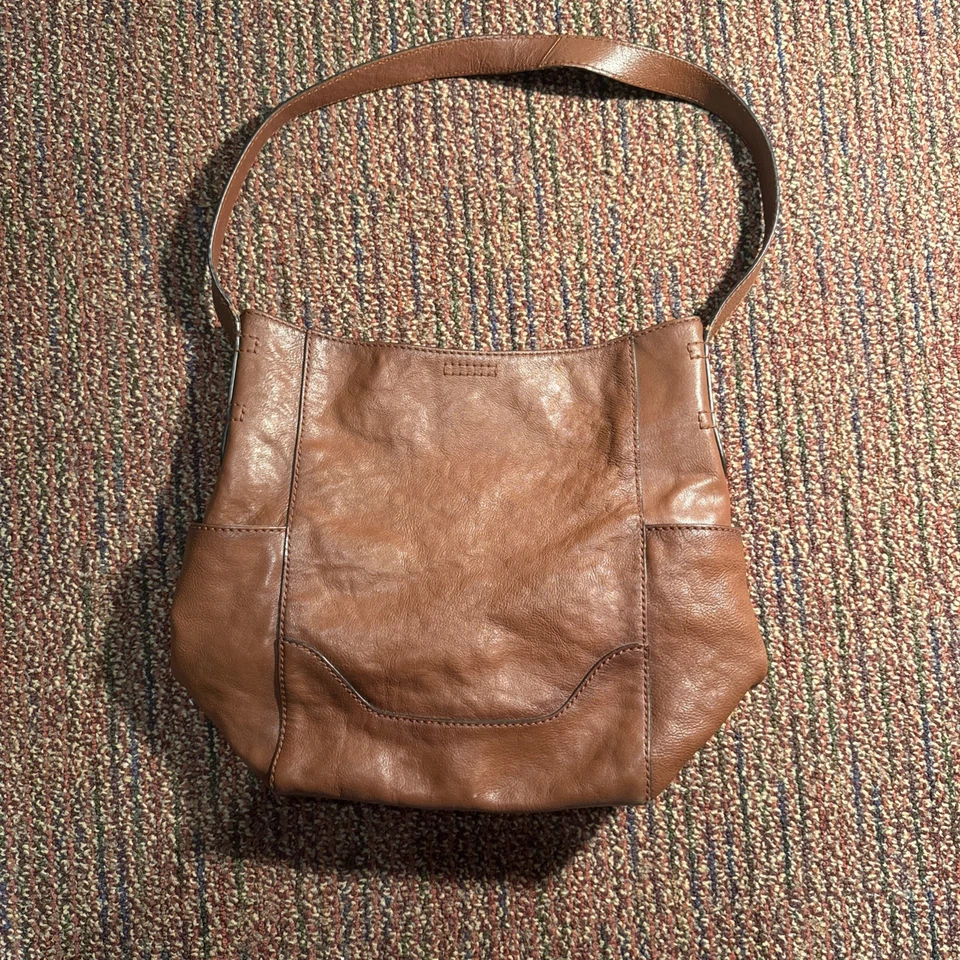 Frye Leather Hobo Bag with Side Pocket Cognac Brown Boho Tote - Image 2 of 4